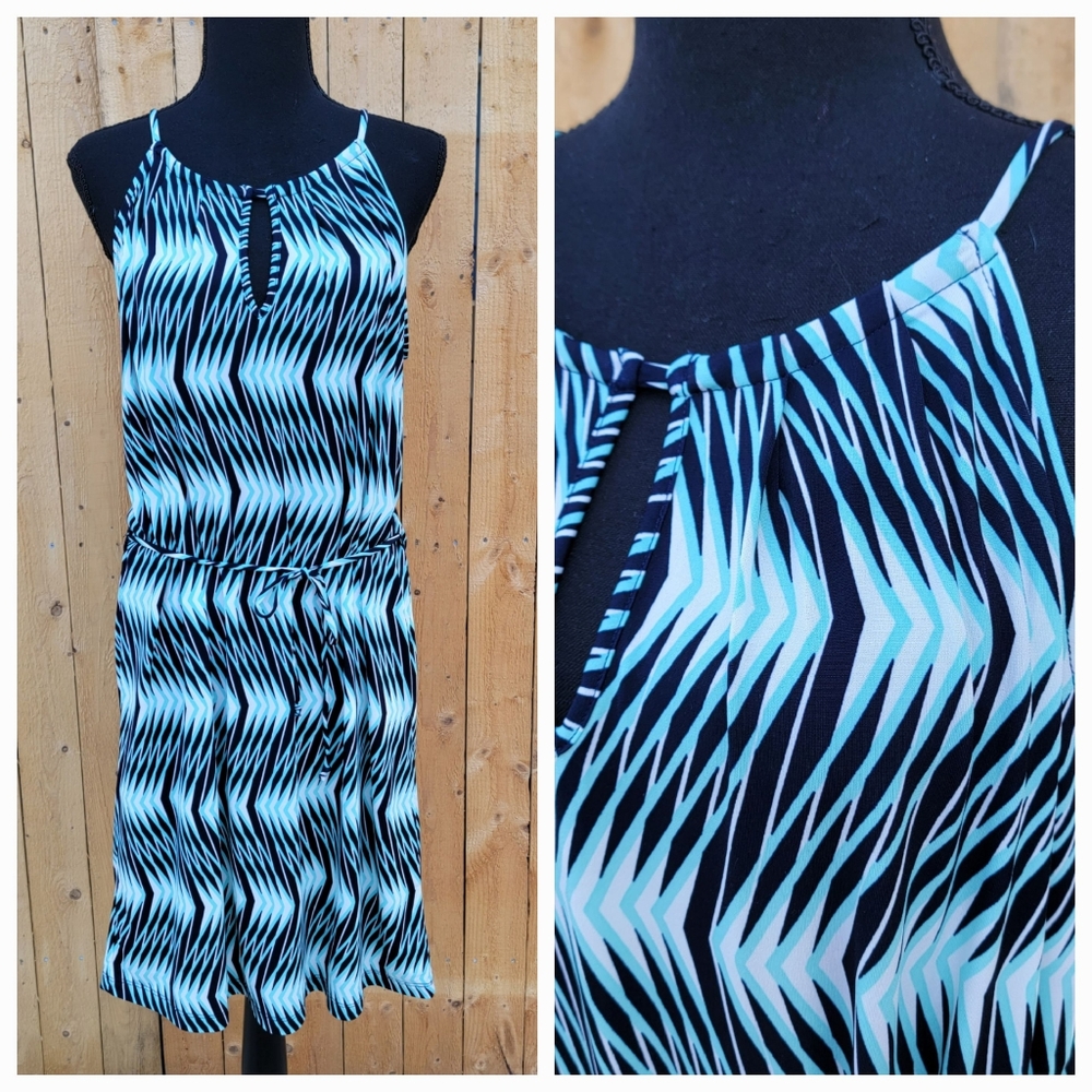 Banana Republic Medium Blue Stretchy Psychedelic Retro Dress With Tie Wa…